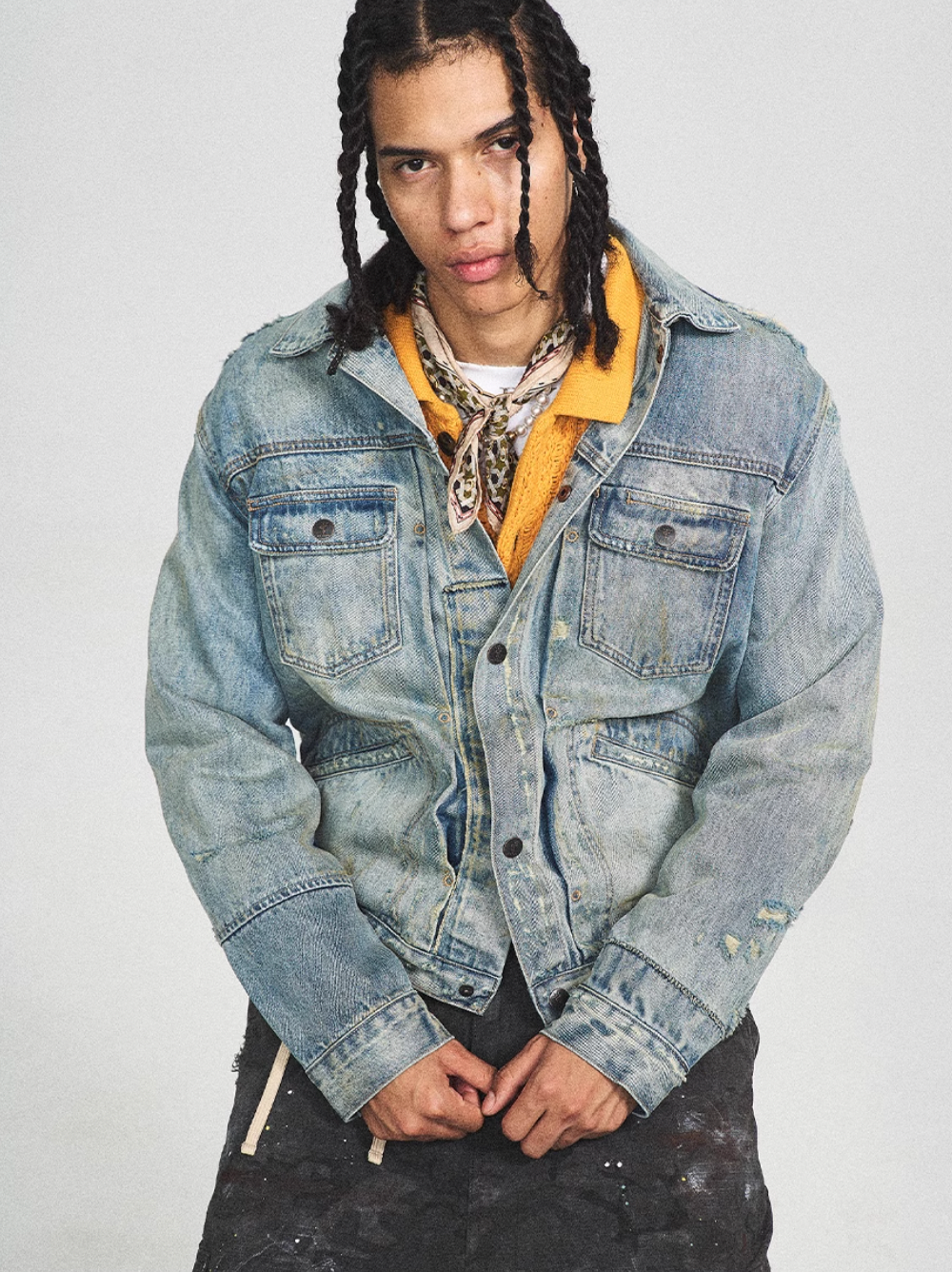 STEEPC Washed Vintage Aged Destroyed Pleated Denim Jacket | Face 3 Face