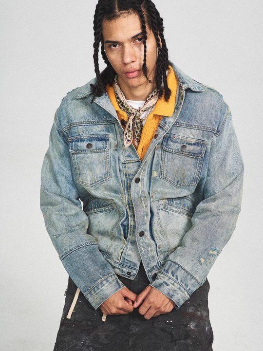 STEEPC Washed Vintage Aged Destroyed Pleated Denim Jacket | Face 3 Face