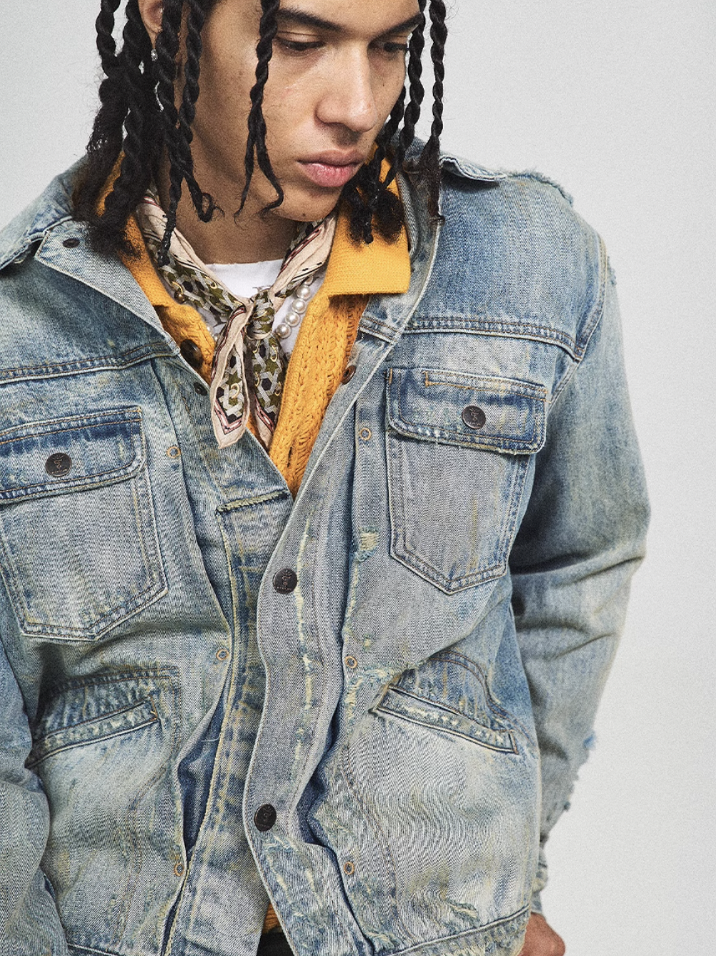 STEEPC Washed Vintage Aged Destroyed Pleated Denim Jacket | Face 3 Face
