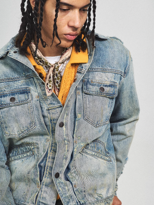 STEEPC Washed Vintage Aged Destroyed Pleated Denim Jacket | Face 3 Face