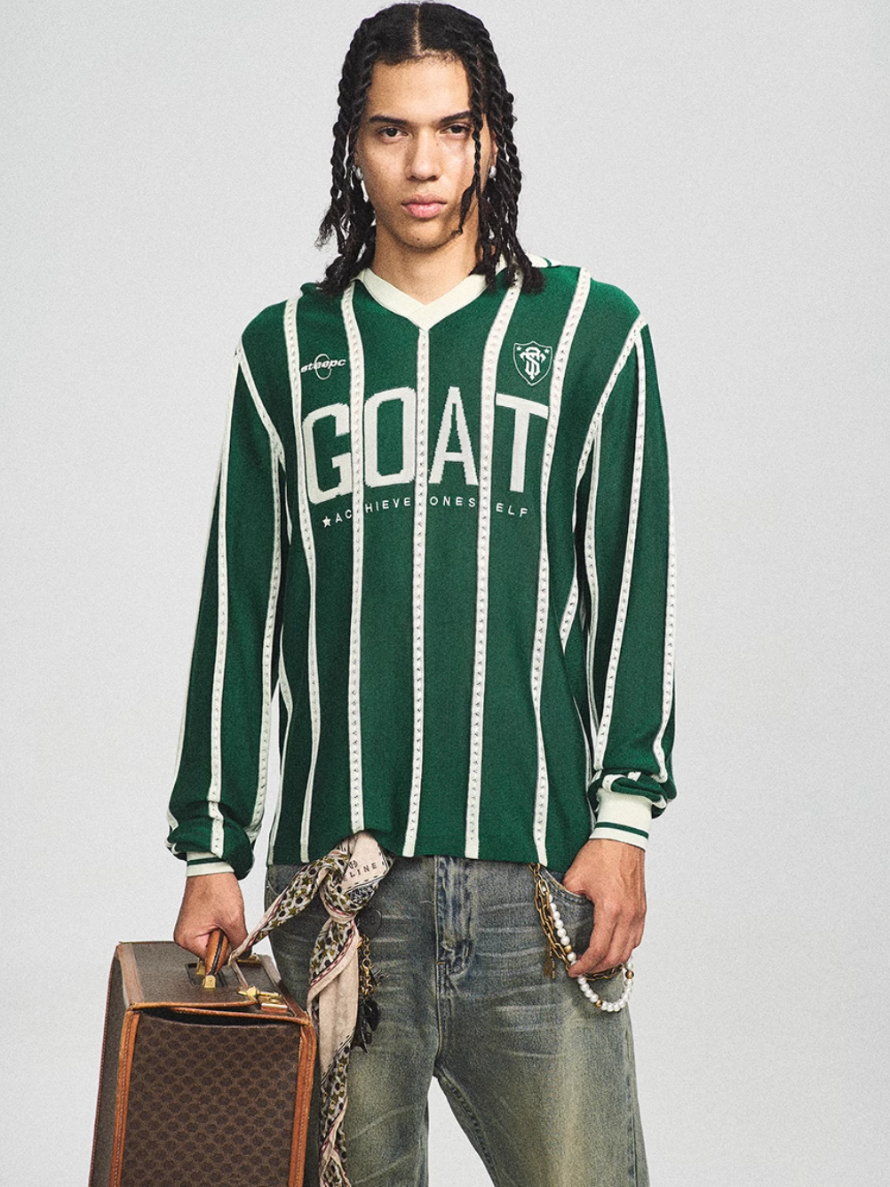 STEEPC Striped Knit GOAT Long Sleeve V-Neck Polo Jersey | Face 3 Face