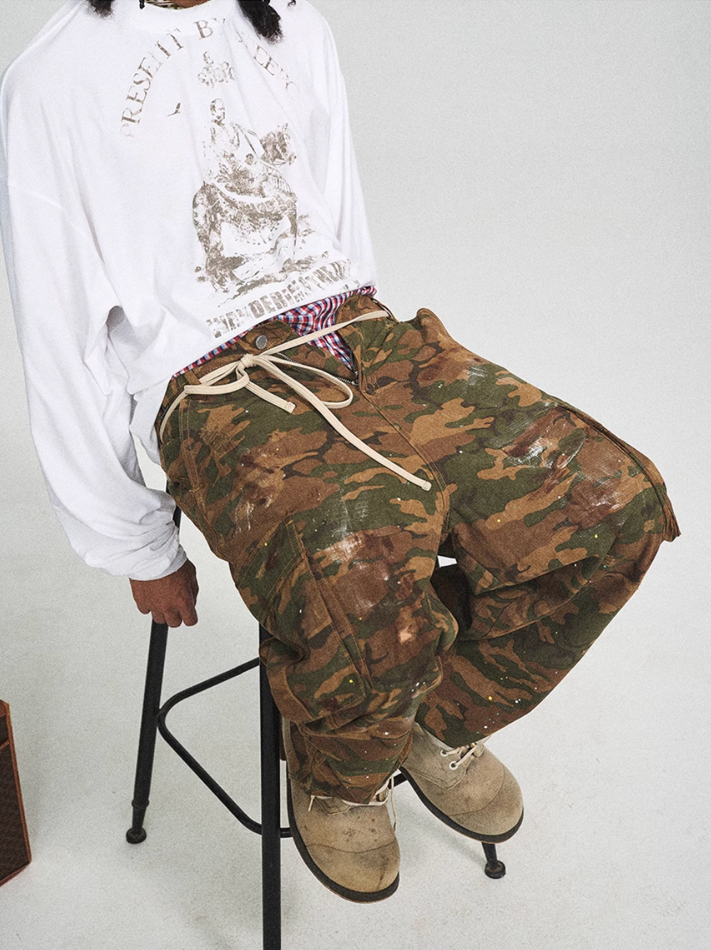 STEEPC Green Camouflage Ink Splattered Baggy Cargo Pants | Face 3 Face