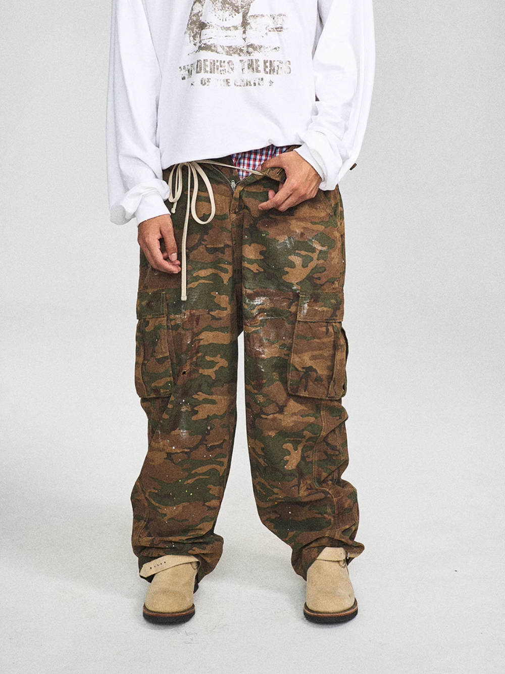 STEEPC Green Camouflage Ink Splattered Baggy Cargo Pants | Face 3 Face