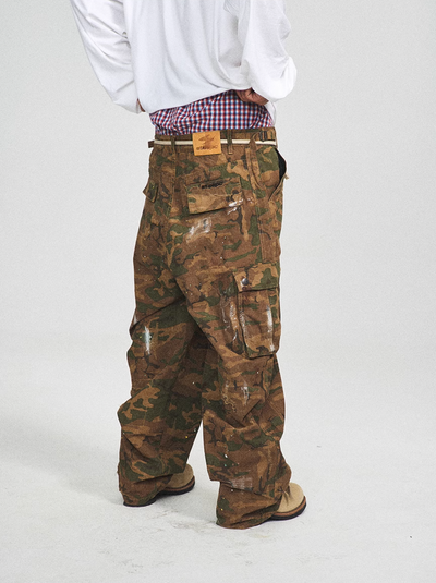 STEEPC Green Camouflage Ink Splattered Baggy Cargo Pants | Face 3 Face