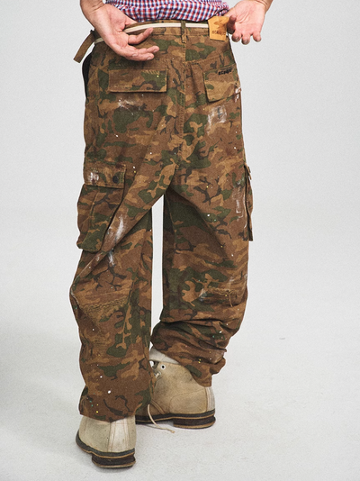 STEEPC Green Camouflage Ink Splattered Baggy Cargo Pants | Face 3 Face