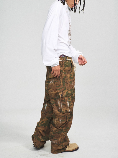 STEEPC Green Camouflage Ink Splattered Baggy Cargo Pants | Face 3 Face