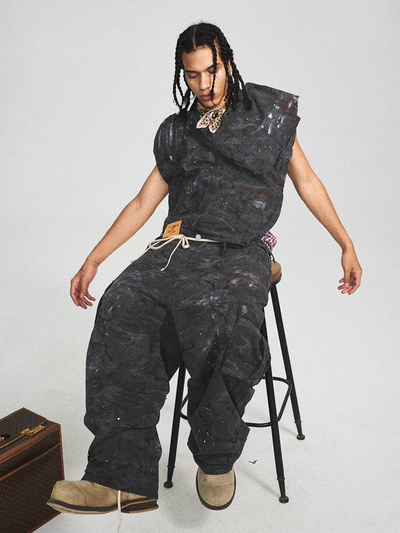 STEEPC Black Camouflage Ink Splattered Baggy Cargo Pants | Face 3 Face