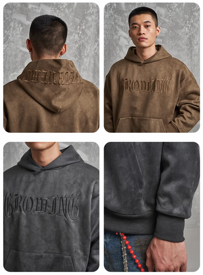 F3F Select Gothic Letters Embroidered Suede Hoodie | Face 3 Face