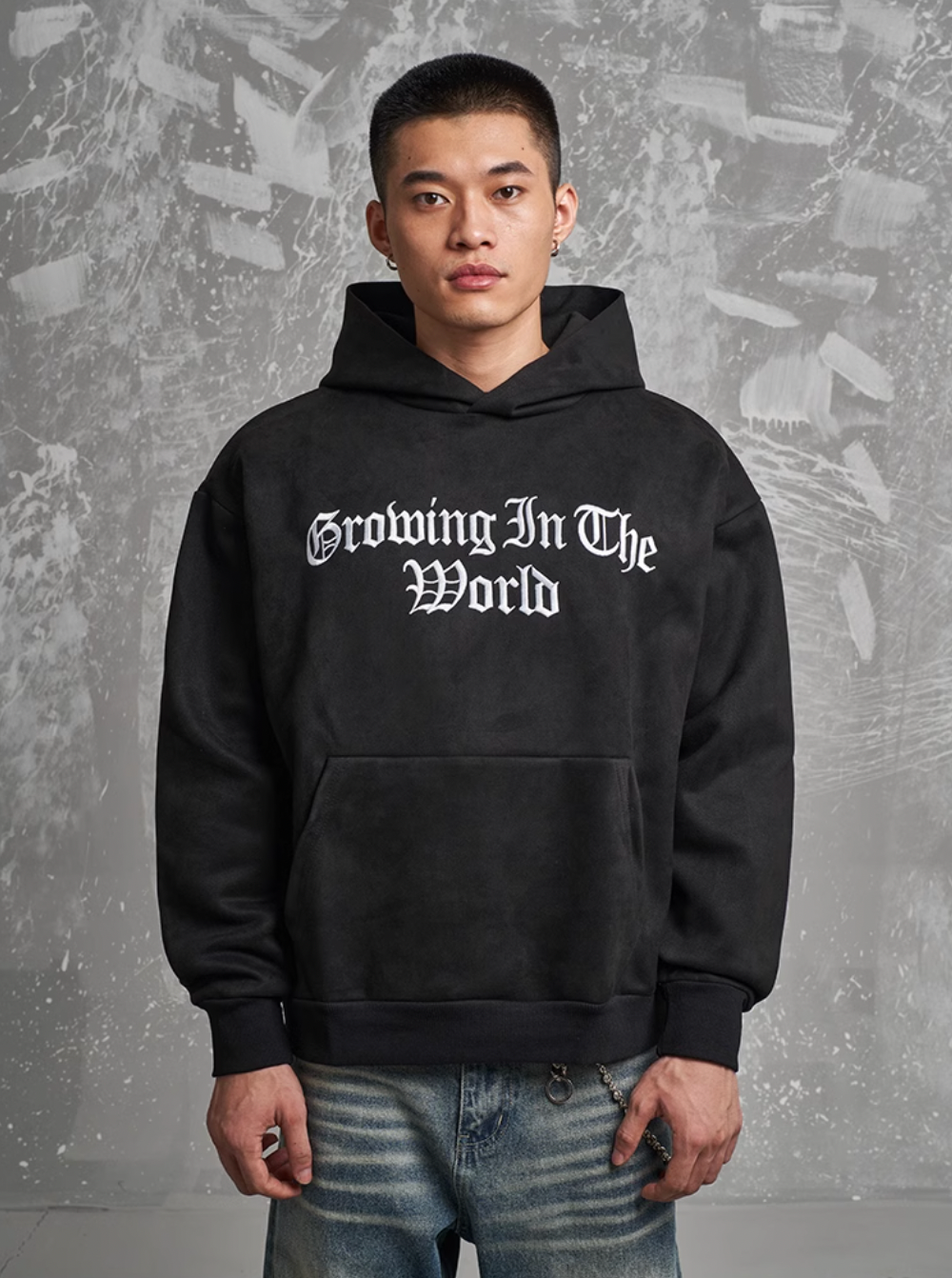F3F Select Gothic Logo Embroidery Suede Hoodie | Face 3 Face