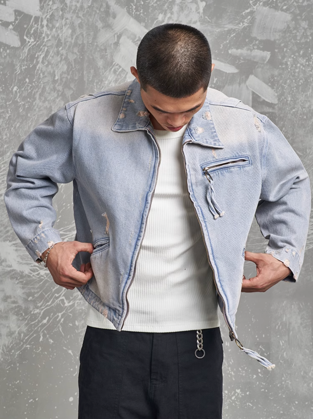 F3F Select Washed Damaged Denim Detroit Jacket | Face 3 Face