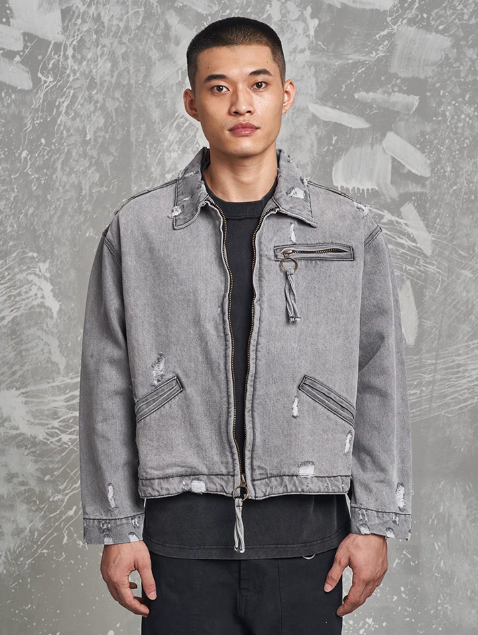 F3F Select Washed Damaged Denim Detroit Jacket | Face 3 Face