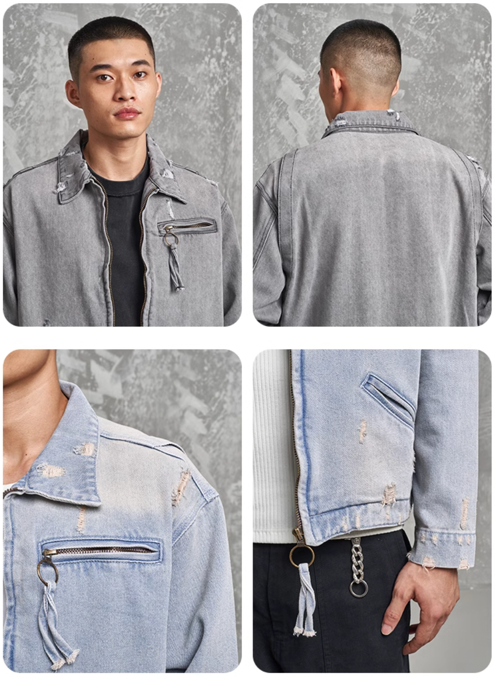 F3F Select Washed Damaged Denim Detroit Jacket | Face 3 Face