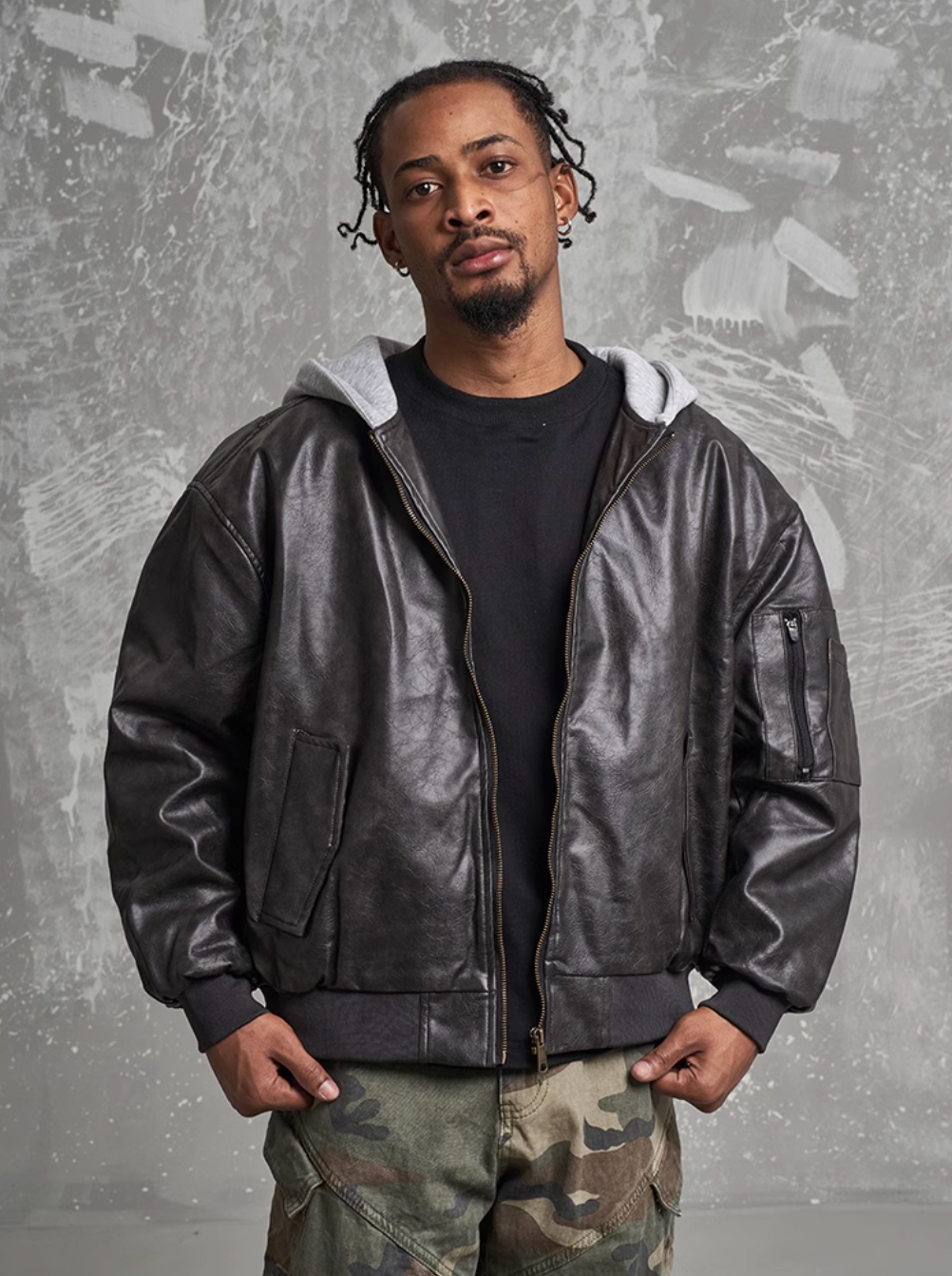 F3F Select PU Leather Hooded Bomber Jacket | Face 3 Face