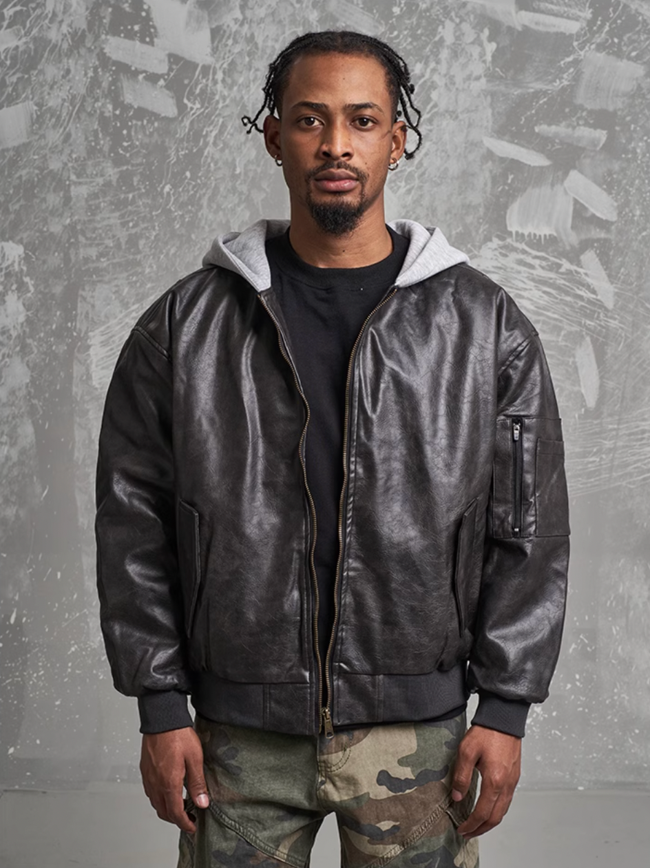 F3F Select PU Leather Hooded Bomber Jacket | Face 3 Face