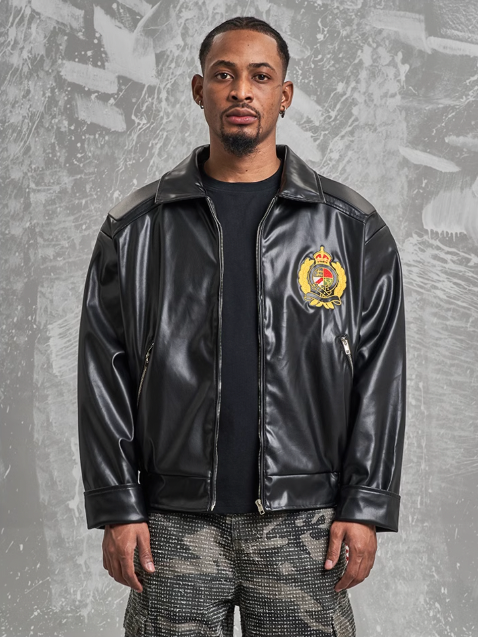 F3F Select Badge Embroidery Shoulder Pad Leather Jacket | Face 3 Face