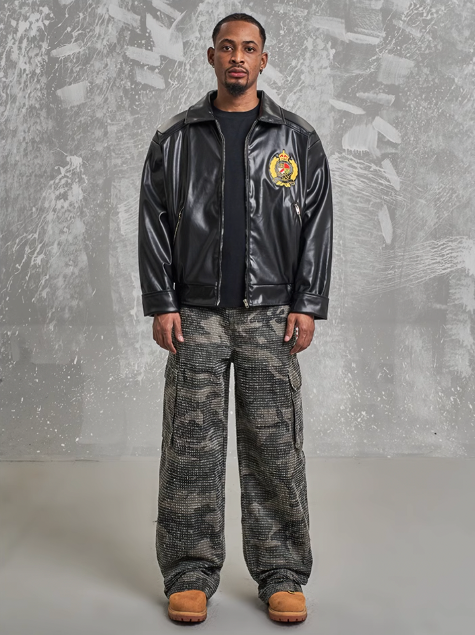 F3F Select Badge Embroidery Shoulder Pad Leather Jacket | Face 3 Face