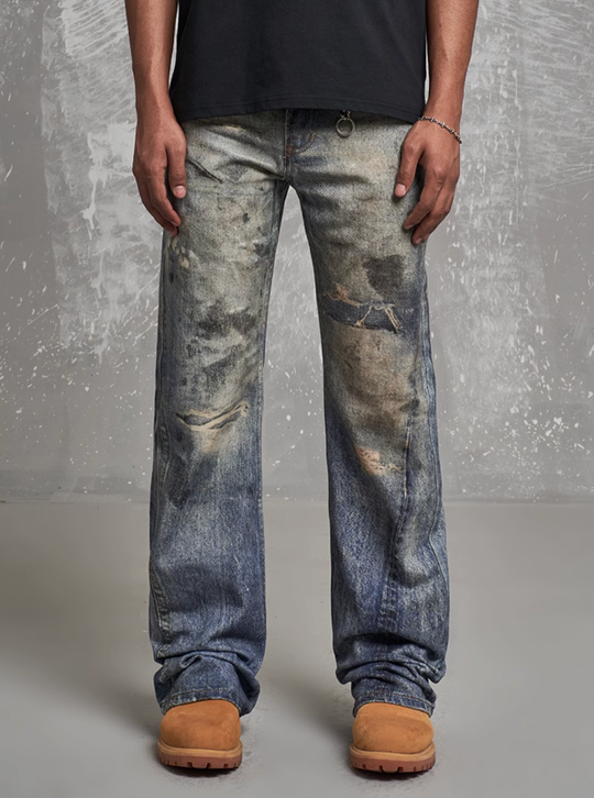 F3F Select Distressed Dirty Dye Hole Wash Print Jeans | Face 3 Face