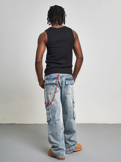 F3F Select Light Blue Washed 3D Multi-Pocket Baggy Cargo Jeans | Face 3 Face