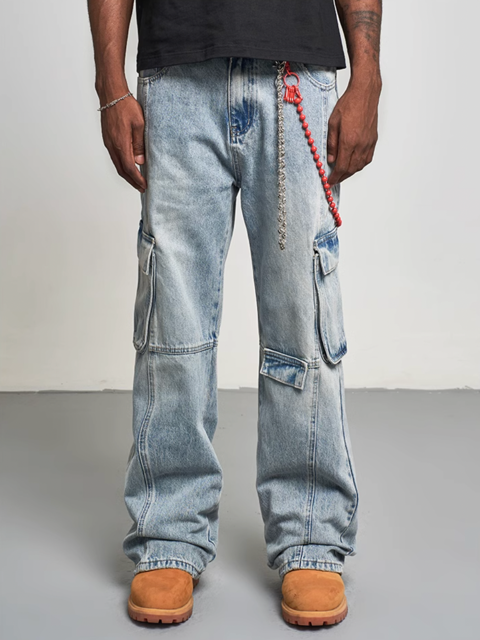 F3F Select Light Blue Washed 3D Multi-Pocket Baggy Cargo Jeans | Face 3 Face