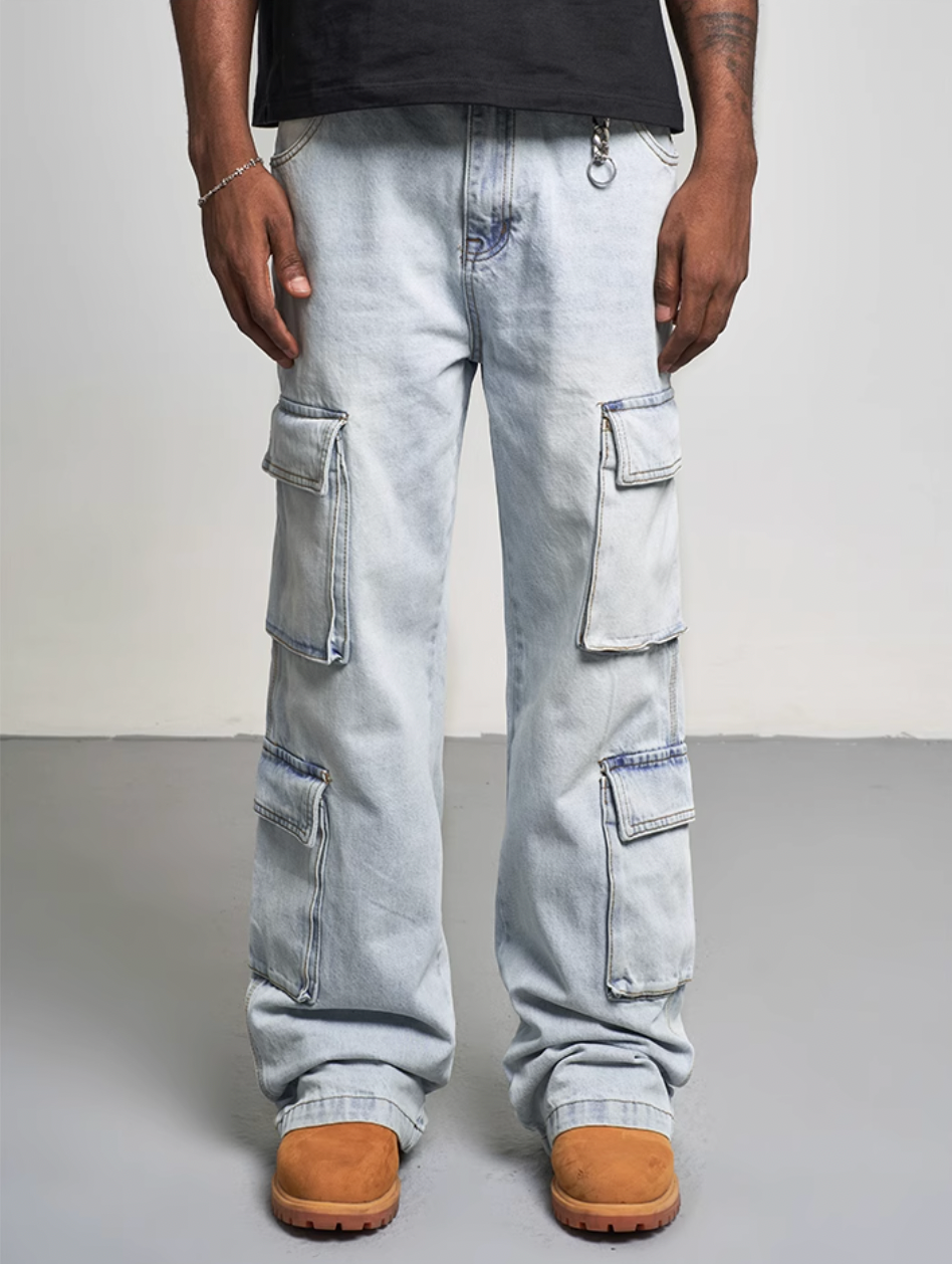 F3F Select Glacier Blue Multi Pocket Cargo Jeans | Face 3 Face