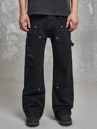 F3F Select Black Rivets Frayed Double Knee Jeans | Face 3 Face