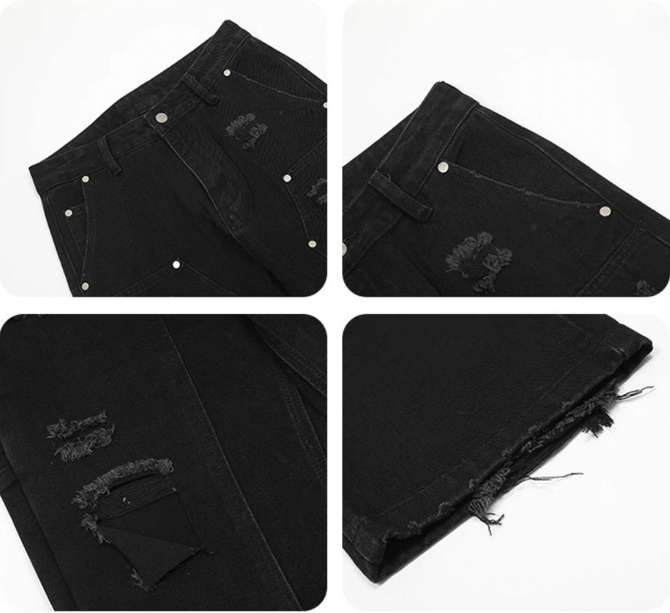 F3F Select Black Rivets Frayed Double Knee Jeans | Face 3 Face