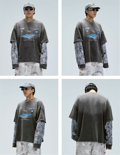 F2CE Washed Racing Patchwork Crackle Printed Long Sleeve Tee | Face 3 Face