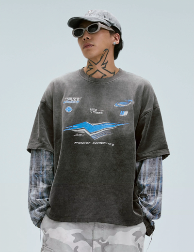 F2CE Washed Racing Patchwork Crackle Printed Long Sleeve Tee | Face 3 Face