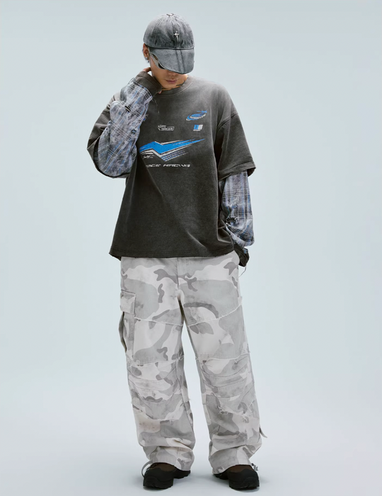 F2CE Washed Racing Patchwork Crackle Printed Long Sleeve Tee | Face 3 Face