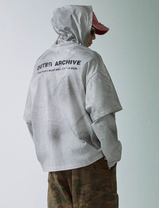 F2CE Dirty Dye Printed Fake Two-Piece Layering Hoodie | Face 3 Face