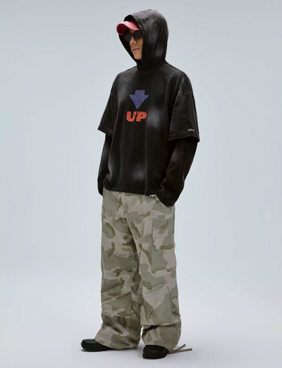 F2CE Dirty Dye Printed Fake Two-Piece Layering Hoodie | Face 3 Face