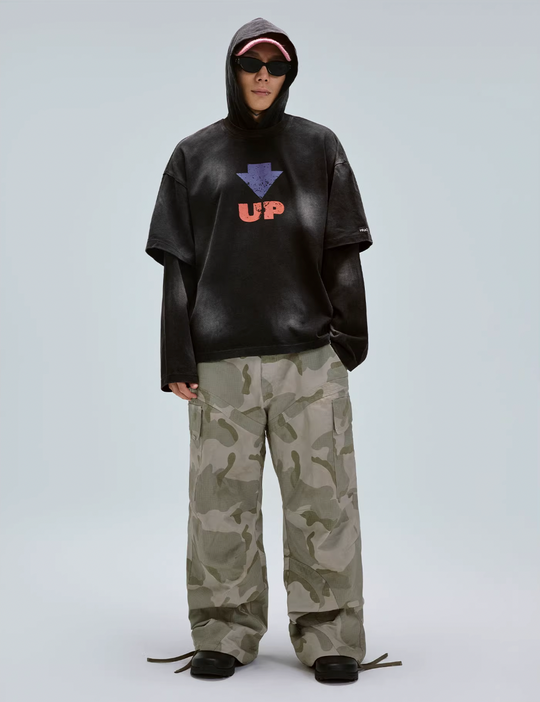 F2CE Dirty Dye Printed Fake Two-Piece Layering Hoodie | Face 3 Face