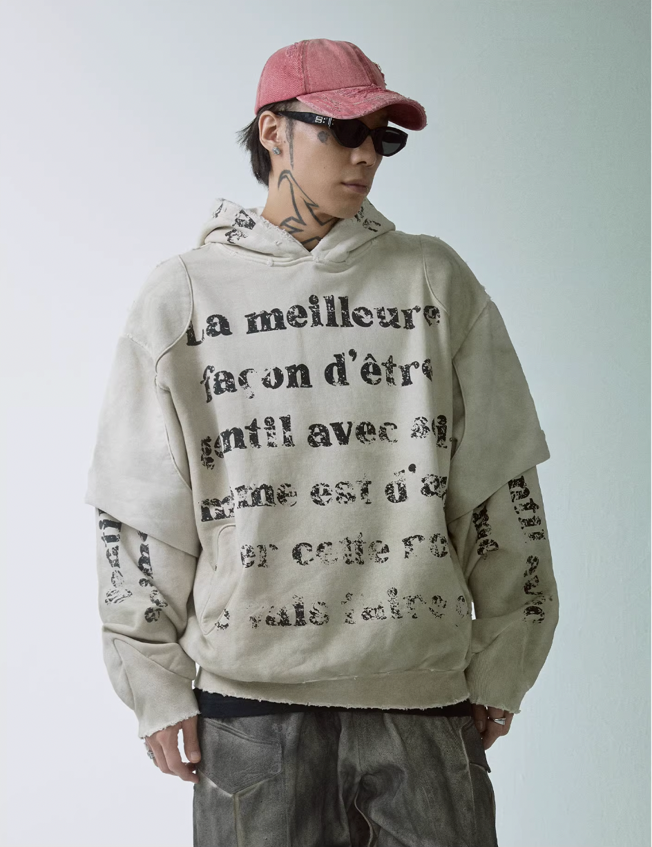 F2CE Dirty Dye Double Layer Printed Hoodie | Face 3 Face