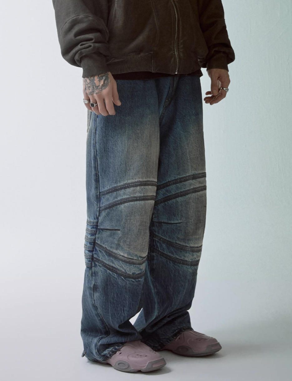 F2CE Vintage Washed Bone Pleated Baggy Jeans | Face 3 Face