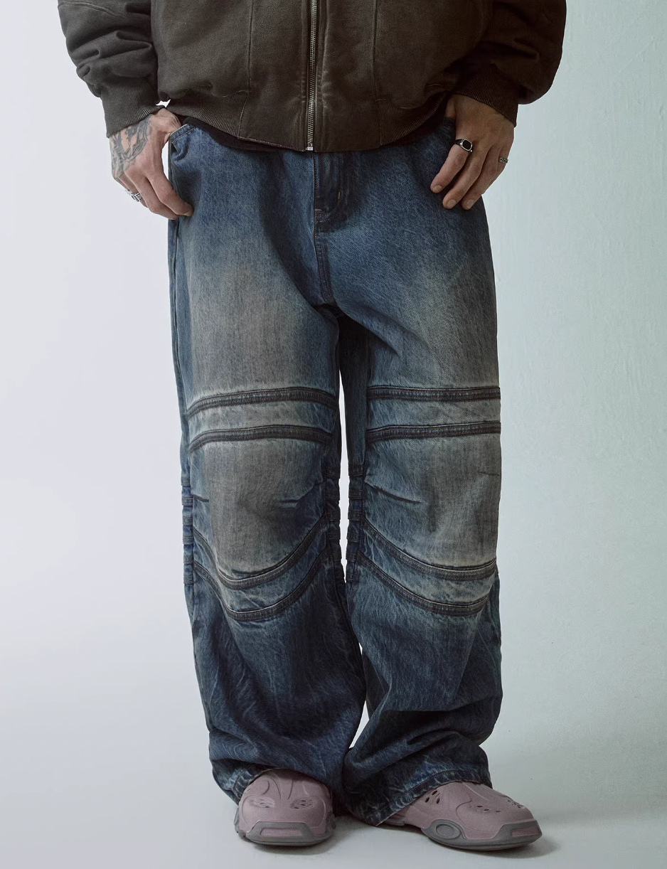 F2CE Vintage Washed Bone Pleated Baggy Jeans | Face 3 Face