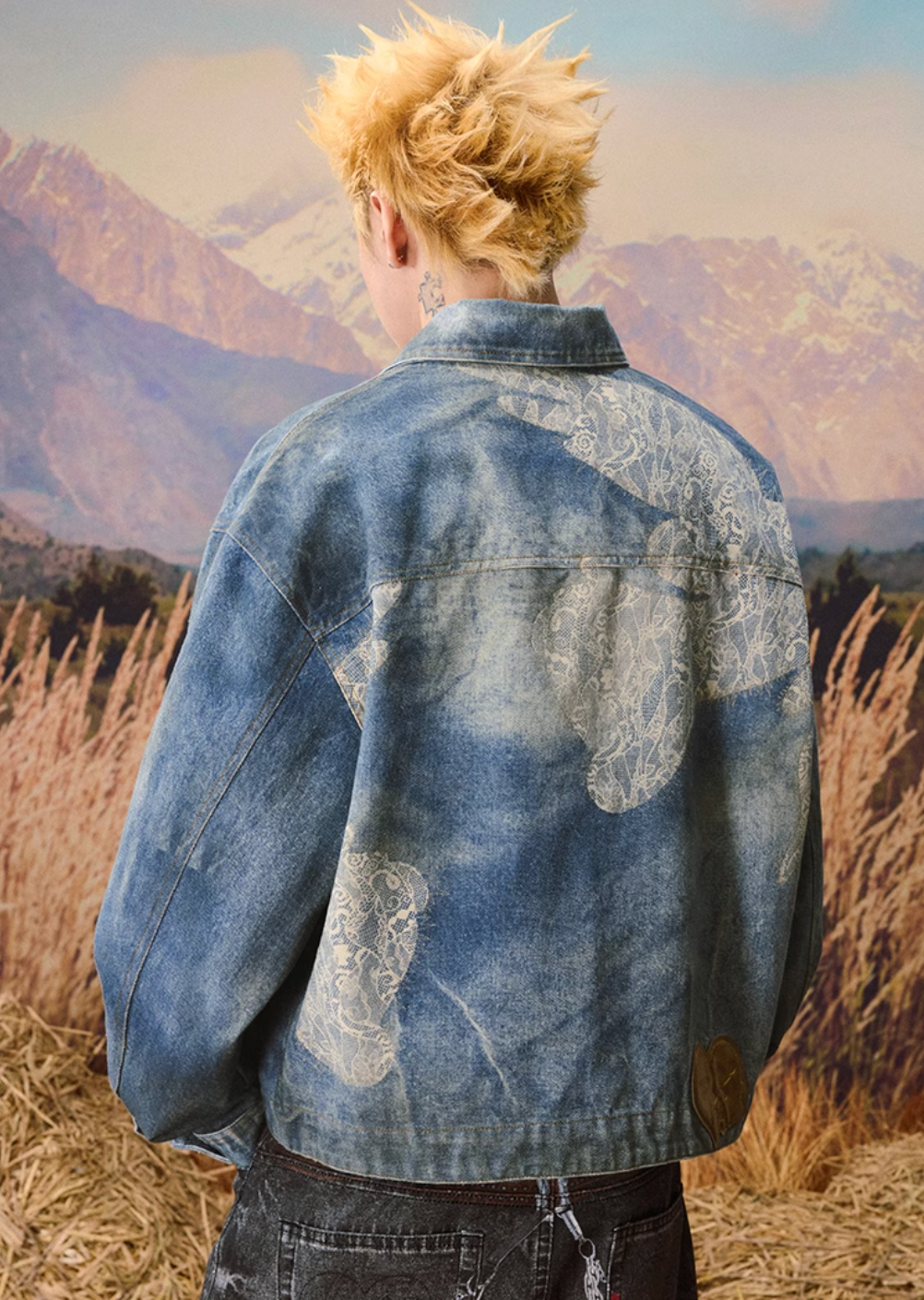 YADcrew Lace Peace Dove Faux Distressed Washed Print Denim Jacket | Face 3 Face