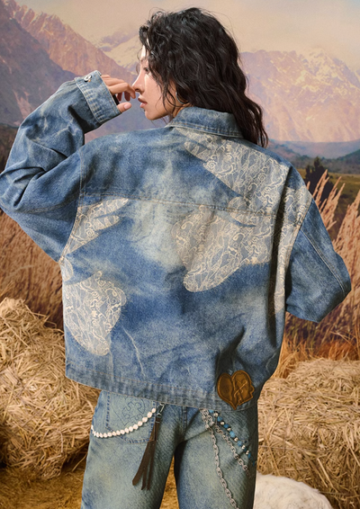 YADcrew Lace Peace Dove Faux Distressed Washed Print Denim Jacket | Face 3 Face