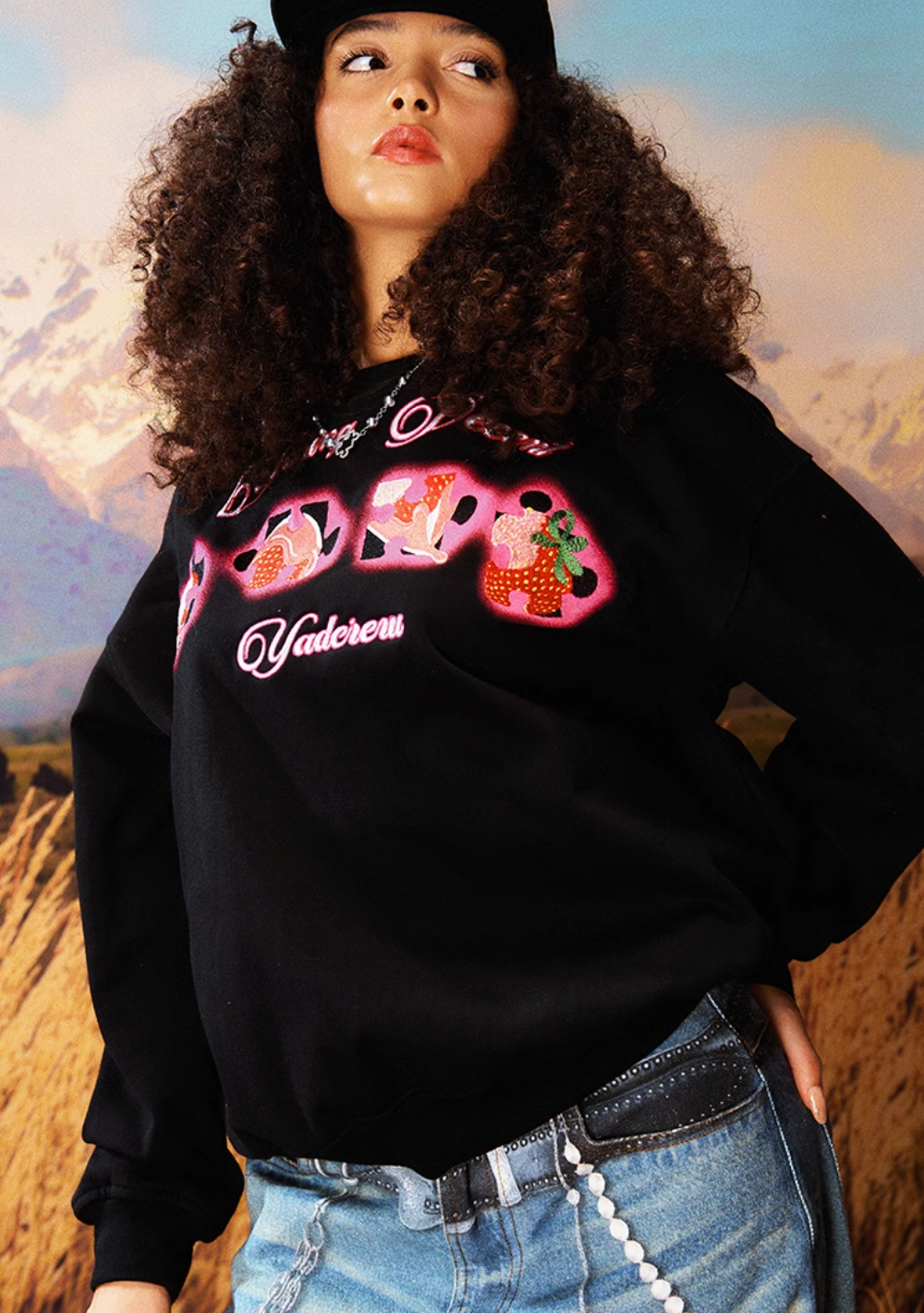 YADcrew Cream Strawberry Puzzle 3D Embroidery Sweatshirt | Face 3 Face