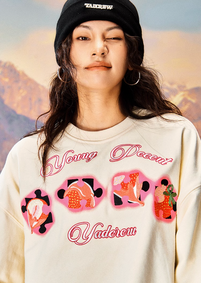 YADcrew Cream Strawberry Puzzle 3D Embroidery Sweatshirt | Face 3 Face