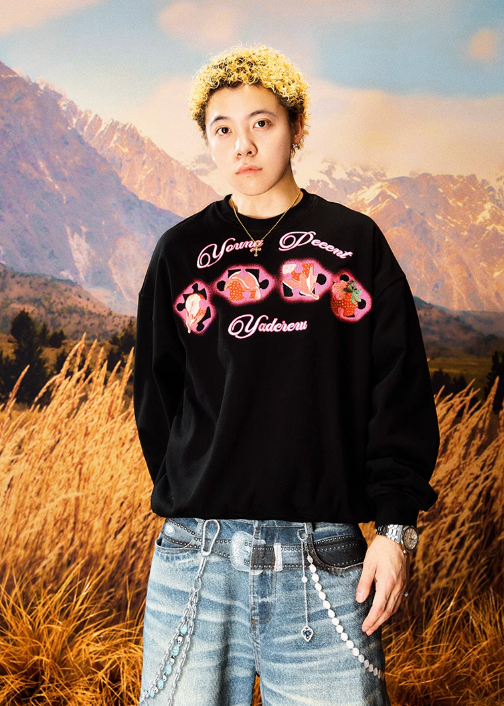 YADcrew Cream Strawberry Puzzle 3D Embroidery Sweatshirt | Face 3 Face