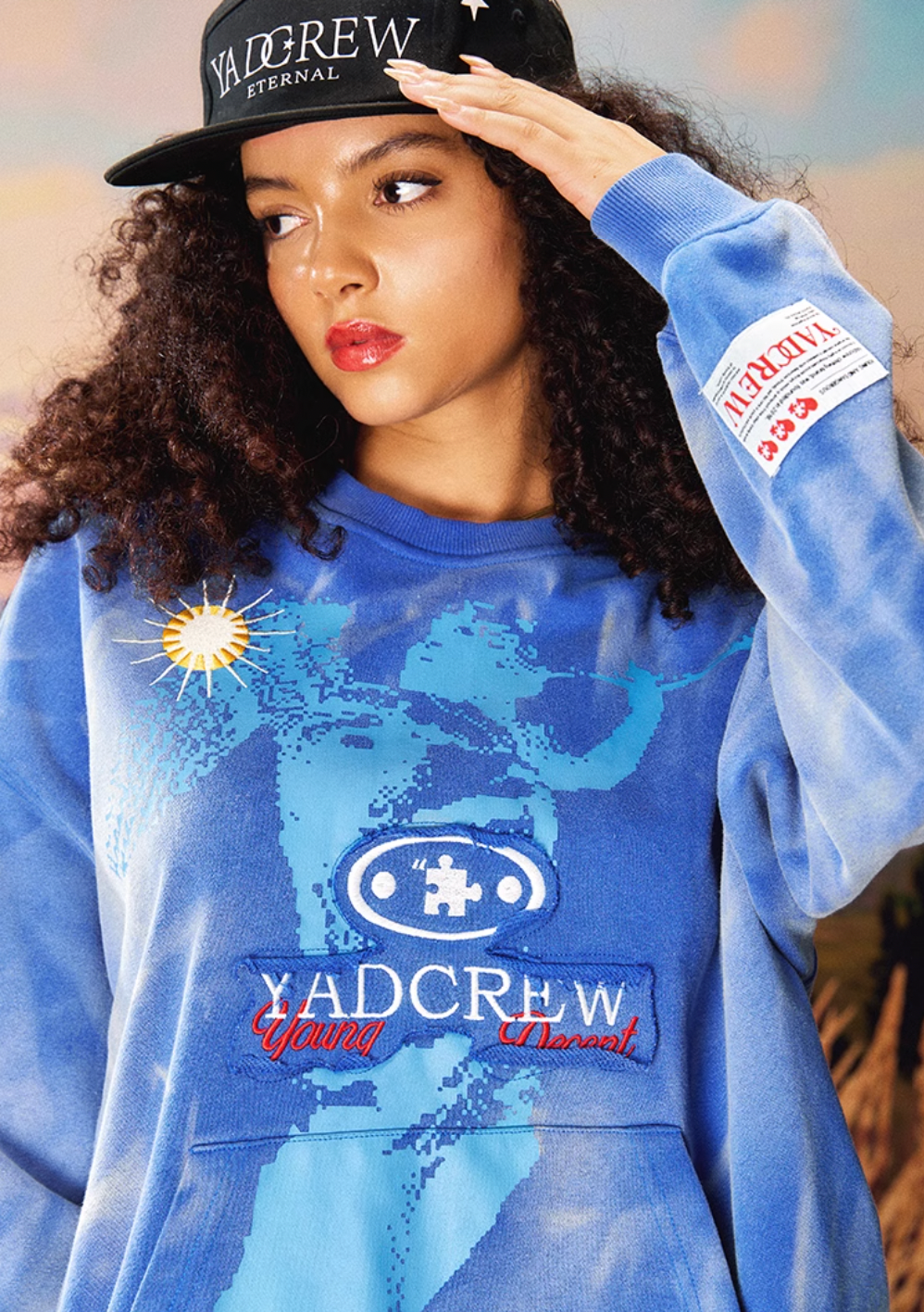 YADcrew Washed Patch Angel Embroidery Printed Sweatshirt | Face 3 Face