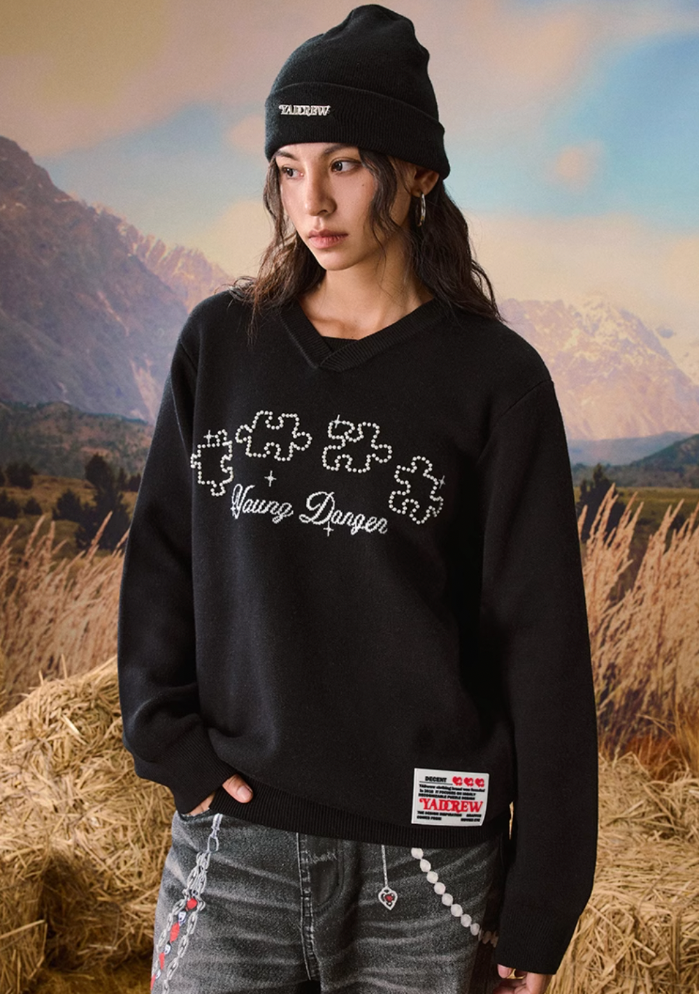 YADcrew Puzzle Pearl Jacquard Slogan Knit Sweater | Face 3 Face