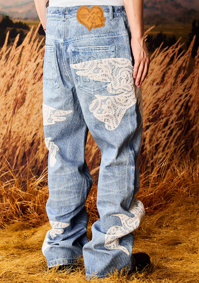 YADcrew Lace Peace Dove Patch Embroidery Print Jeans | Face 3 Face