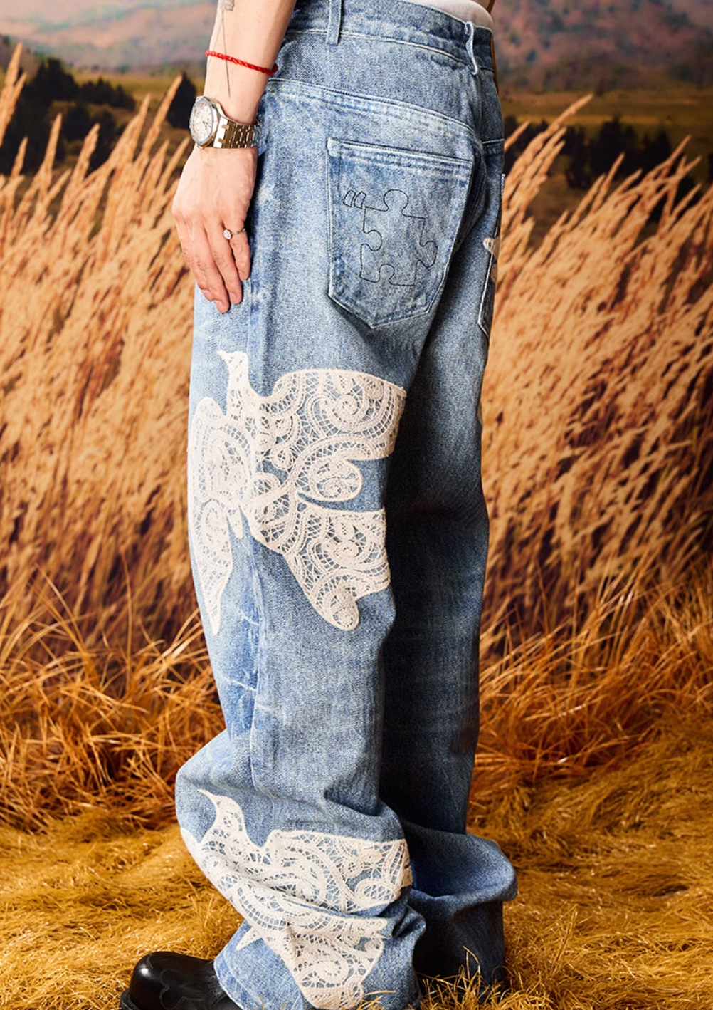 YADcrew Lace Peace Dove Patch Embroidery Print Jeans | Face 3 Face