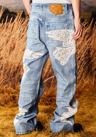 YADcrew Lace Peace Dove Patch Embroidery Print Jeans | Face 3 Face