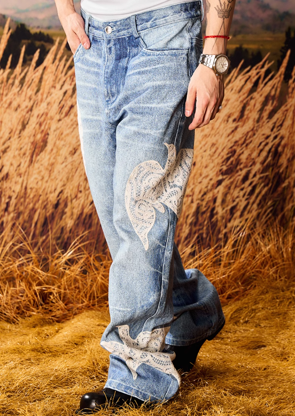 YADcrew Lace Peace Dove Patch Embroidery Print Jeans | Face 3 Face