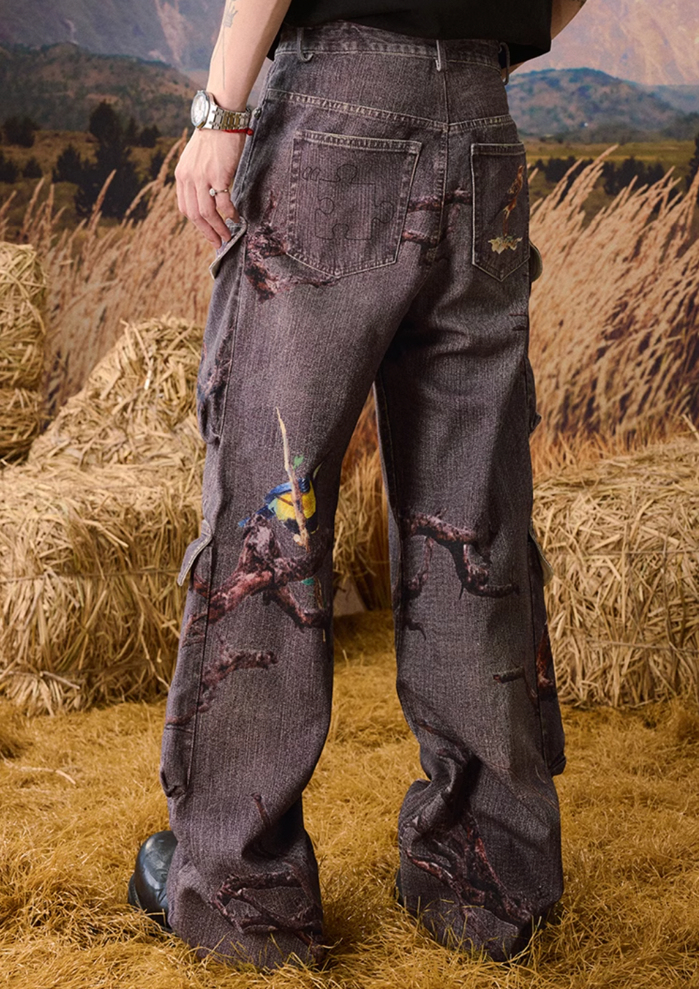 YADcrew Autumn Forest Tree Branch Print Baggy Cargo Jeans | Face 3 Face