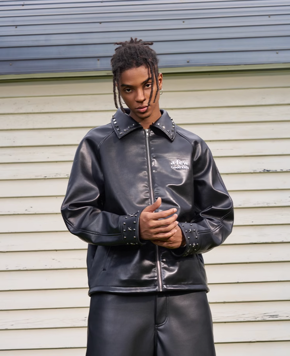 AFGK Shiny Rivets Zip Up Leather Jacket | Face 3 Face