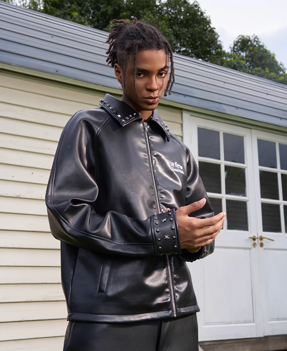 AFGK Shiny Rivets Zip Up Leather Jacket | Face 3 Face