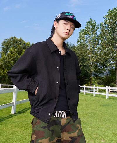 AFGK Steel Printed Suede Baseball Jacket | Face 3 Face